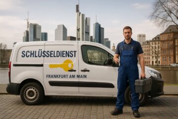 Schlüsseldienst mit Firmenwagen vor Frankfurt