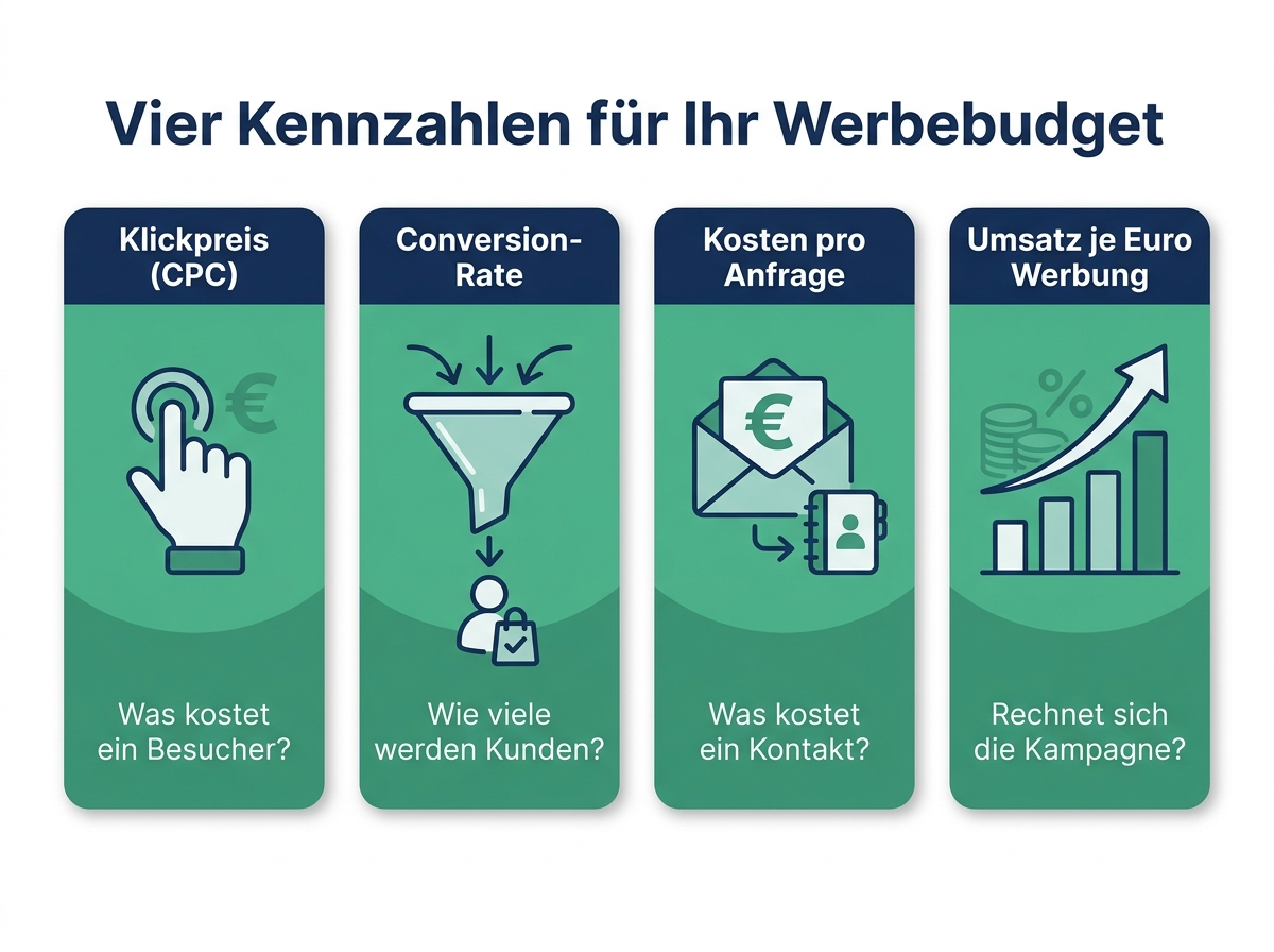 Infografik: vier Kennzahlen zur Budgetkontrolle – Klickpreis, Conversion-Rate, Kosten pro Anfrage, Umsatz je Werbeeuro