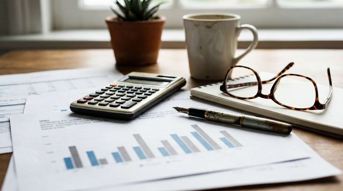 Schreibtisch mit ausgedruckten Diagrammen, Taschenrechner und Brille bei der Budgetprüfung
