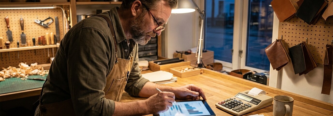 Selbständiger prüft abends am Schreibtisch die Zahlen seiner Onlinewerbung