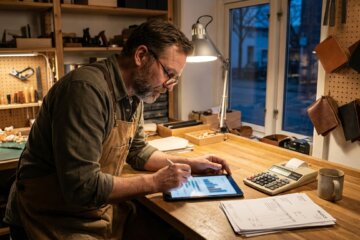 Selbständiger prüft abends am Schreibtisch die Zahlen seiner Onlinewerbung